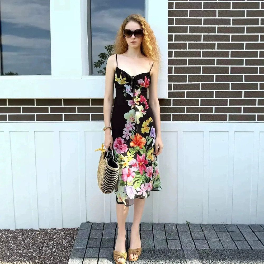 Zara Tropical Floral Spaghetti Strap Drawstring Waist Midi Dress Black